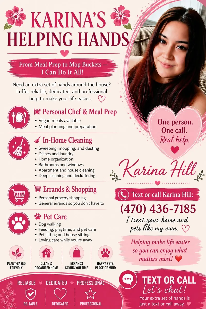 Karina’s Helping Hands promotional flyer featuring Karina Hill and the four main service categories